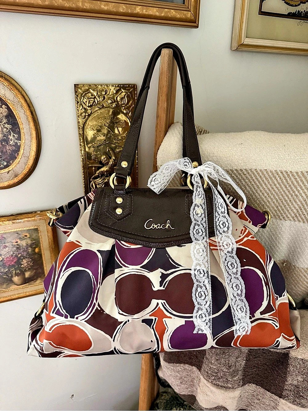 Coach Ashley Brown Multi Hand Scarf Print Satchel Bag